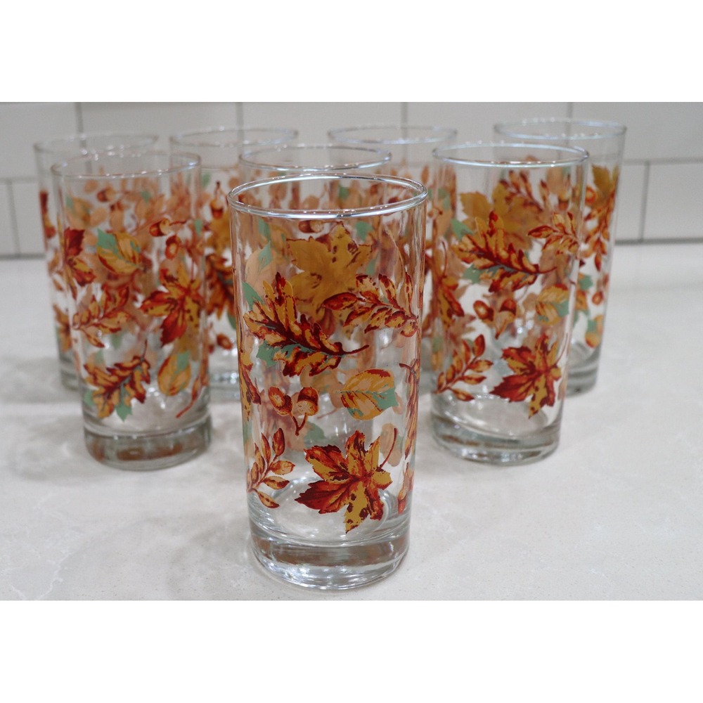 Vintage Greenbriar International Autumn Leaves Tumblers Set of 8 16oz Glasses